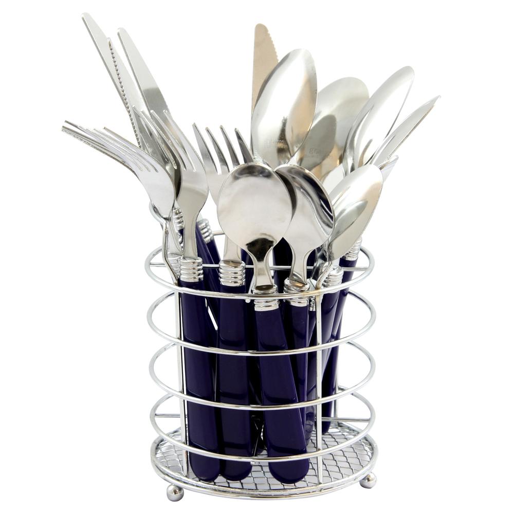 Gibson Sensations Ii 16 Piece Stainless Steel Flatware Set With Cobalt Handles And Chrome Caddy