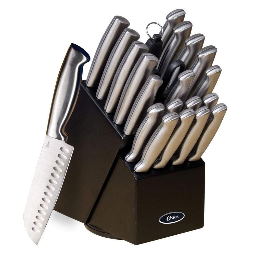 Oster Baldwyn 22 Piece Stainless Steel Cutlery Set With Stainless Steel Handles And Wooden Block