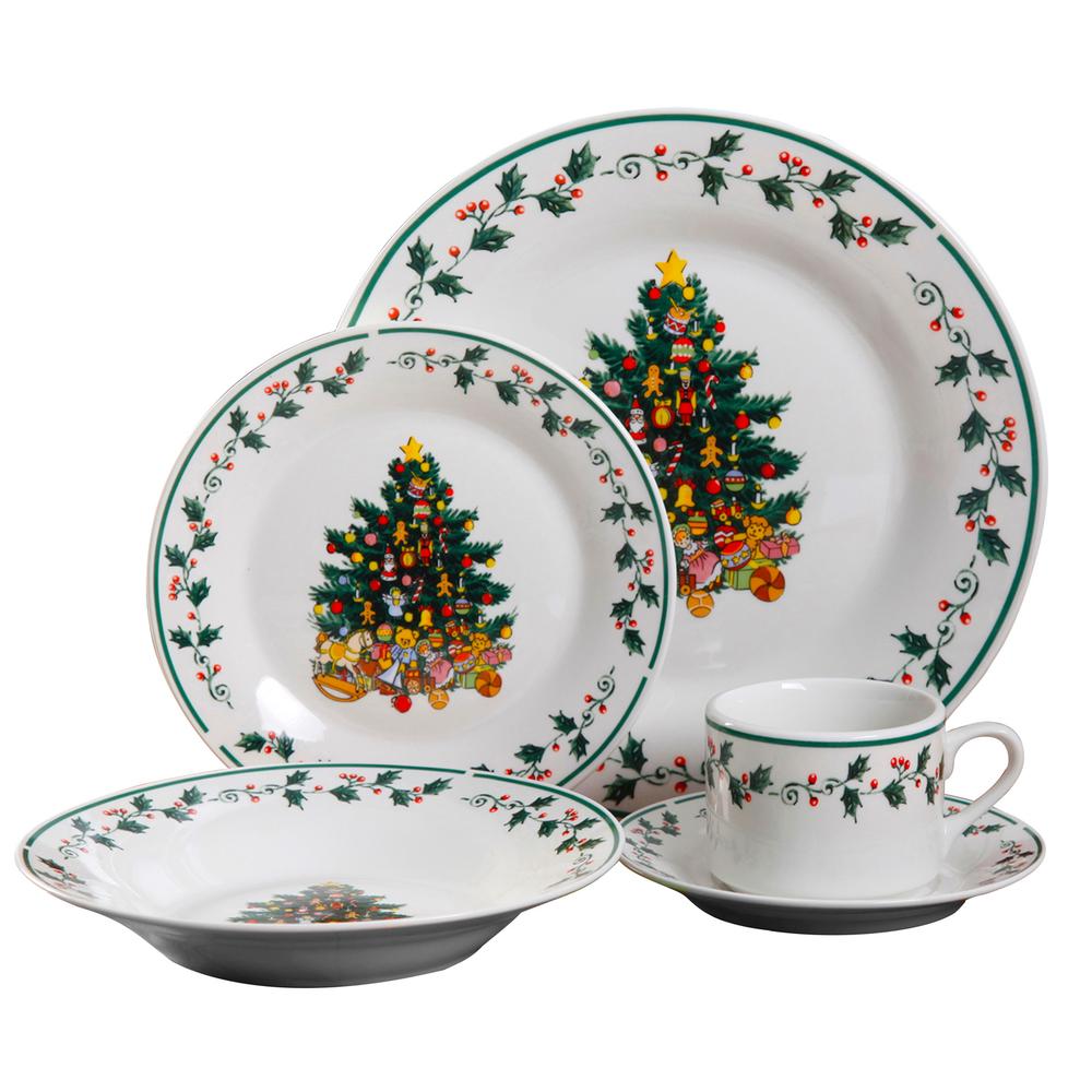 Gibson Home 20 Piece Ceramic Christmas Tree Trimming Dinnerware Set