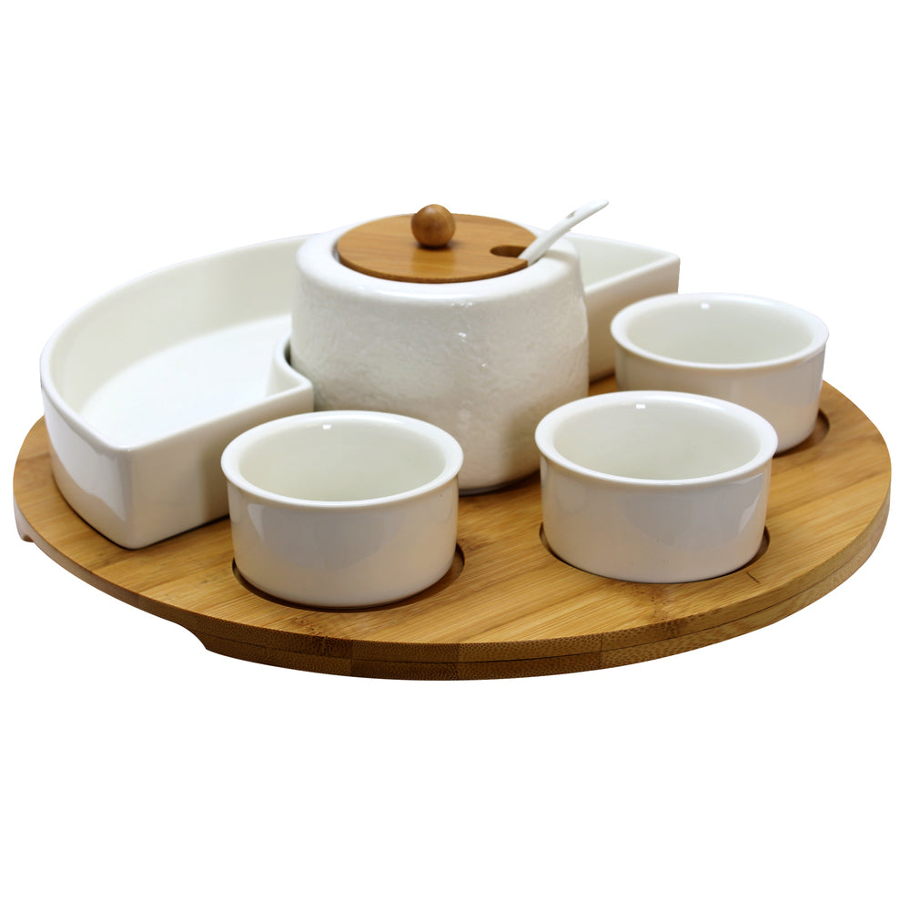 Elama Signature 8 Piece Appetizer Serving Set With 4 Serving Dishes, Center Condiment Server, Spoon, And Bamboo Serving Tray