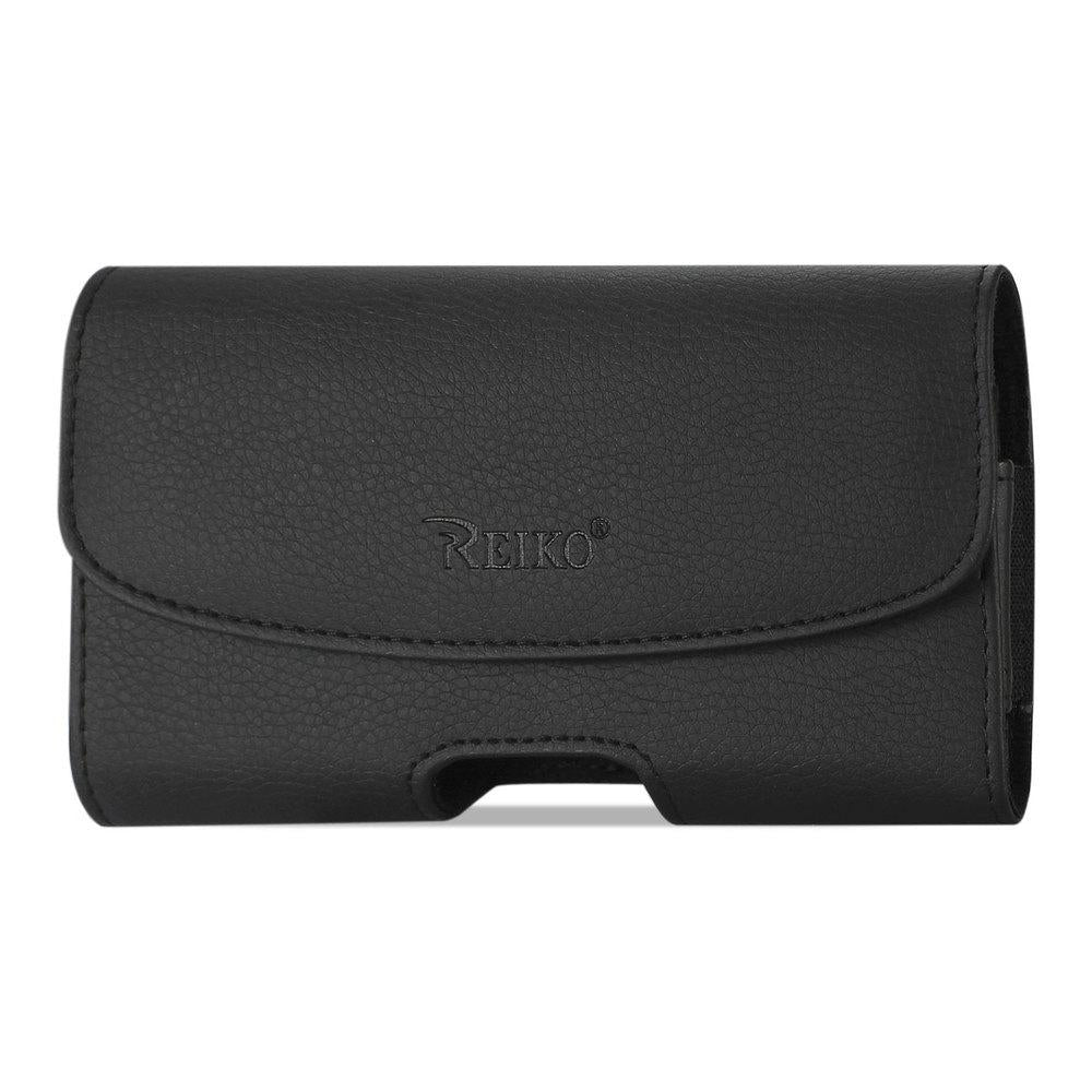 Reiko Leather Horizontal Phone Pouch With Embossed Logo In Black (5.2x3.0x0.8 Inches)