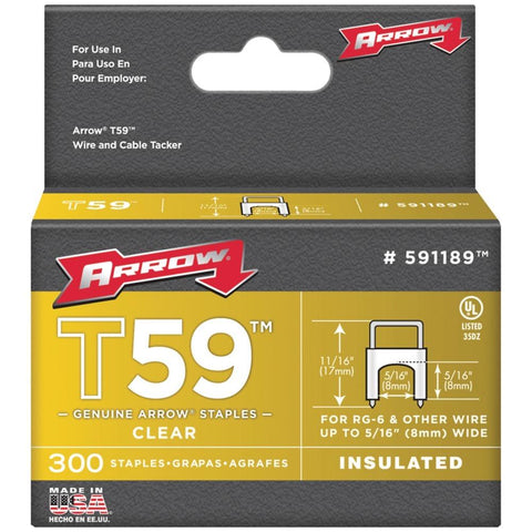 Arrow 591189 Clear T59 Insulated Staples For Rg59 Quad & Rg6, 5/16 X 5/16, 300 Pk