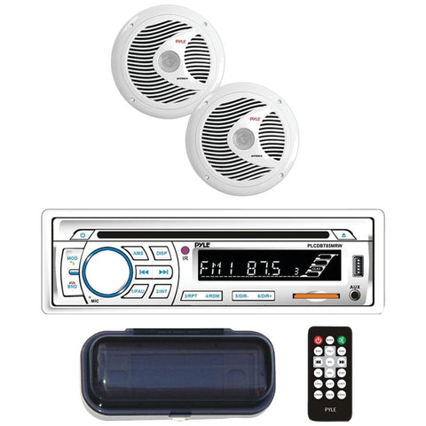 Pyle Plcdbt65mrw Marine Single-din In-dash Cd Am/fm Receiver With Two 6.5 Speakers, Splashproof Radio Cover & Bluetooth (white)