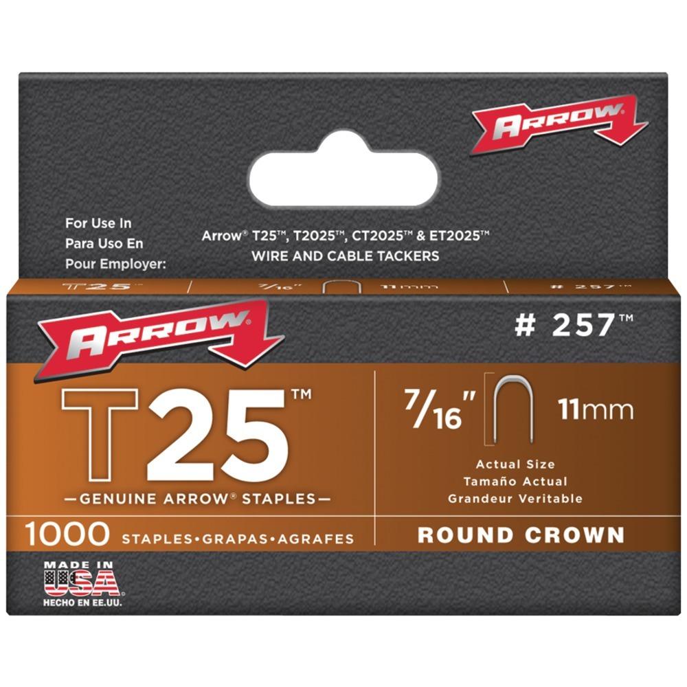 Arrow 257 T25 Round Crown Staples, 7/16; 1,000 Pk