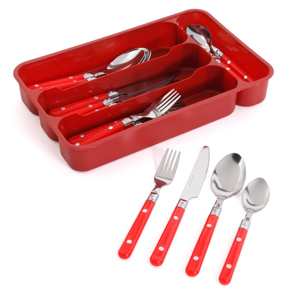 Gibson Casual Living 24 Piece Stainless Steel Flatware Set With Storage Tray In Red