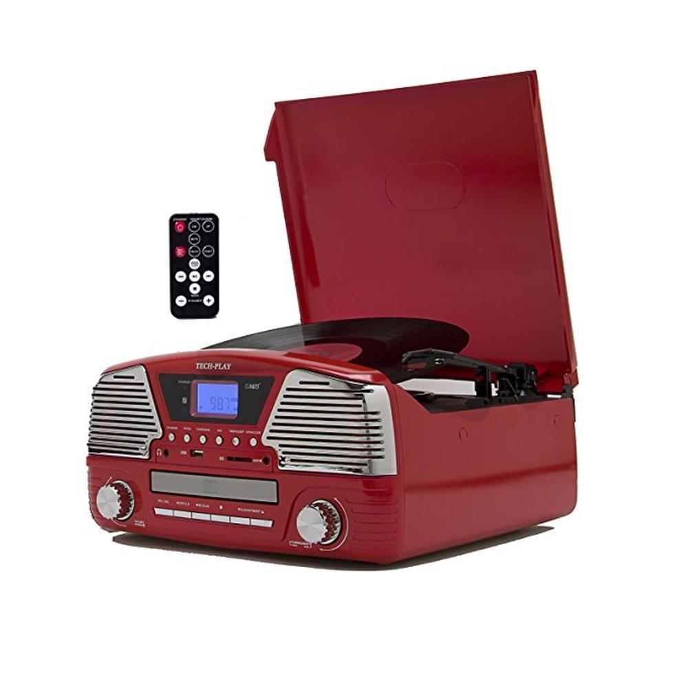 Techplay 3 Speed Turntable, Programmable Mp3 Cd Player, Usb/sd, Radio &amp; Remote Control In Red