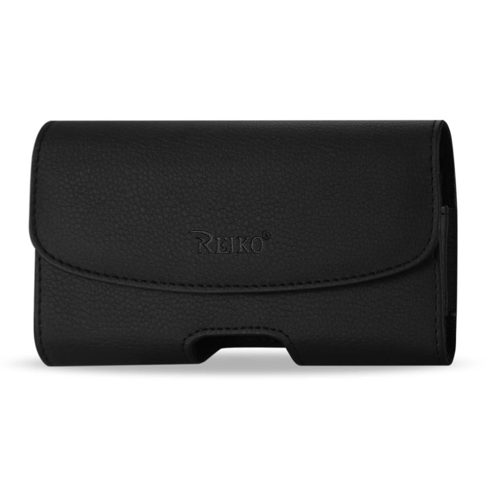 Reiko Leather Horizontal Phone Pouch With Embossed Logo In Black (5.4x3.0x0.8 Inches)