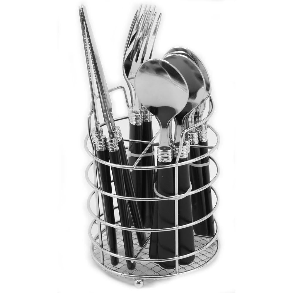 Gibson Sensations Ii 16 Piece Stainless Steel Flatware Set With Black Handles And Chrome Caddy