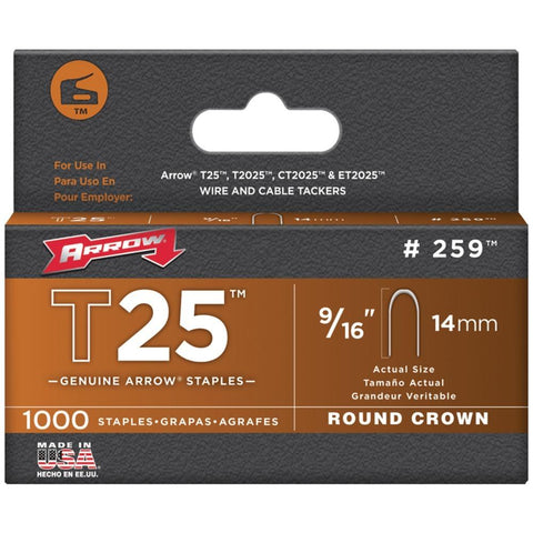 Arrow 259 T25 Round Crown Staples, 9/16; 1,000 Pk