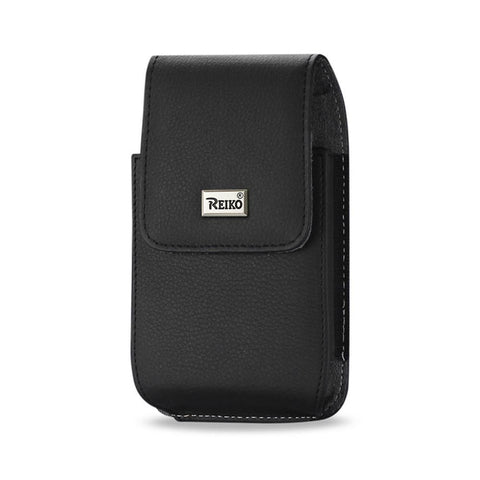 Reiko Leather Vertical Pouch With Metal Logo In Black (6.6x3.5x0.7 Inches)