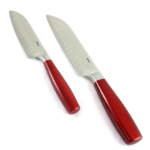 Oster Calmore 2 Piece Stainless Steel Santoku Cutlery Knife Set With Red Handles