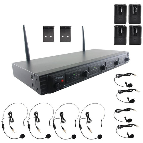 Pyle Pdwm4560 Uhf Quad Channel Fixed Frequency Wireless Microphone System (4 Headset & 4 Lavalier Microphones)