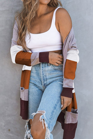 Color Block Open Front Ribbed Cuff Cardigan with Pockets