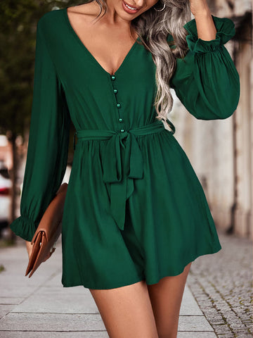 Long Flounce Sleeve V-Neck Romper