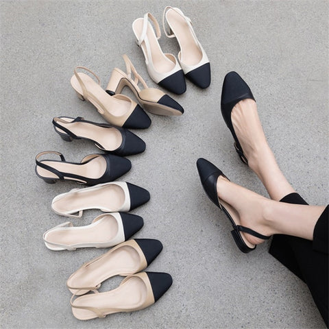 Meotina Low Heels Real Leather Slingbacks Shoes Women Square Toe Pumps Thick Heel Shoes Brand Design Lady Footwear 2023 Size 40