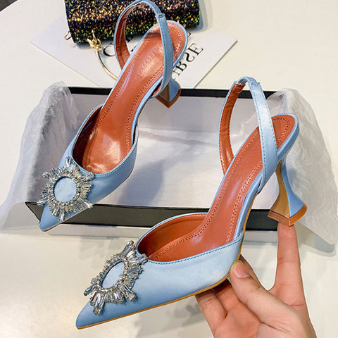 Big Size 41 42 Blue Women Pumps Silk Satin Pointy Toe Rhinestone Crystal High Heels Shoes Slip On Women Wedding Pumps Sandal