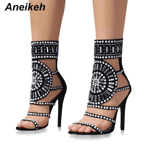 Aneikeh Women Fashion Open Toe Rhinestone Design High Heel Sandals Crystal Ankle Wrap Glitter Diamond Gladiator Black Size 35-42