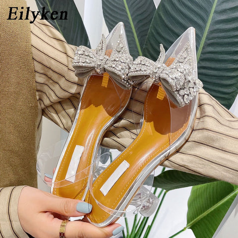 Eilyken Spring Autumn Crystal Sequined Bowknot Silver Women Pumps Low High Heels PVC Transparent Sandals Party Wedding Prom Shoe