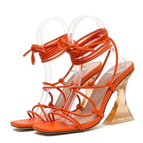 Liyke Fashion Orange Cross-Tied Crystal Clear High Heels Summer Women Sandals Ankle Lace-Up Square Toe Elegant Female Dress Shoe