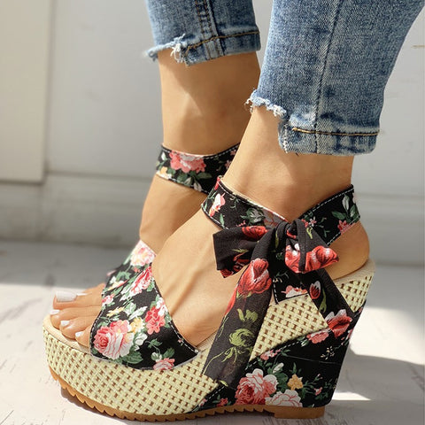 Heel Footwear Ladies Shoes Platform Floral Women's Lace-up Wedges Comfy Wedge Sandals For Women Dressy Sandals For Women