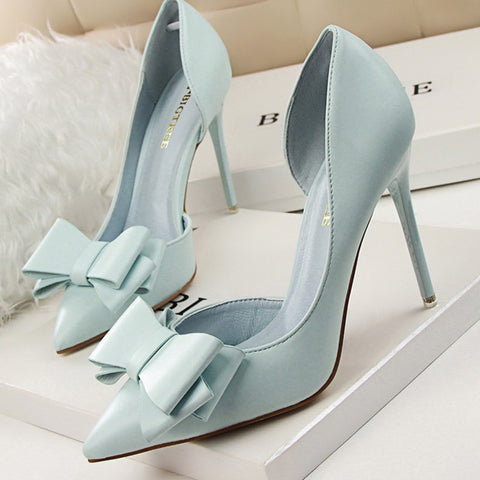 Women 7.5cm 10cm High Heels Korean Pumps Scarpins Cute Bow Middle Low Heels Lady Fetish Sweet Wedding Bridal Yellow Blue Shoes