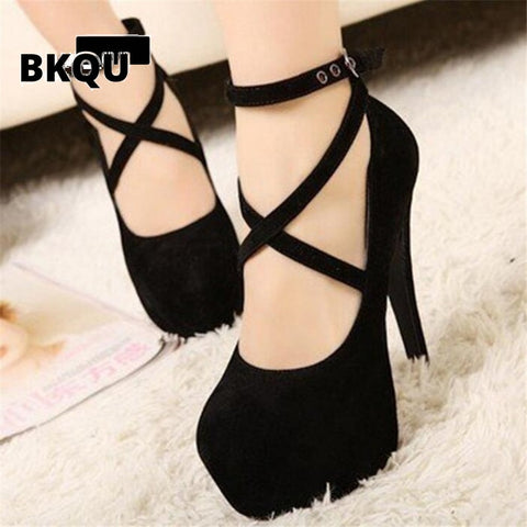 BKQU Red Black Super High Heel Stiletto Ladies Dress Pumps Fashion Cross Strap Party Platform Sandals Women's Scarpins Shoes