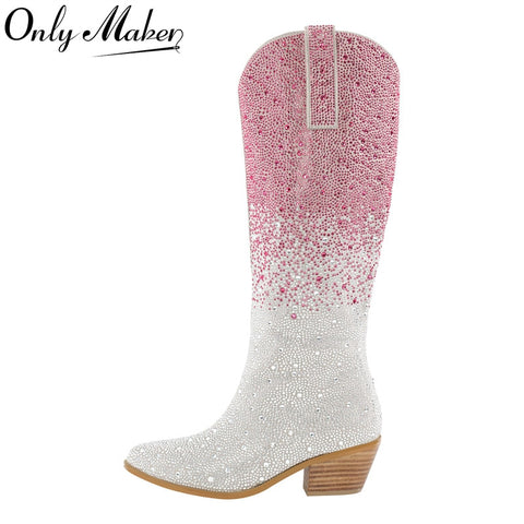 Onlymaker Women Pointed Toe Rhinestone Knee High Western Cowgirl Boots Glitter Bling Shiny  Block Heel Lady Boots