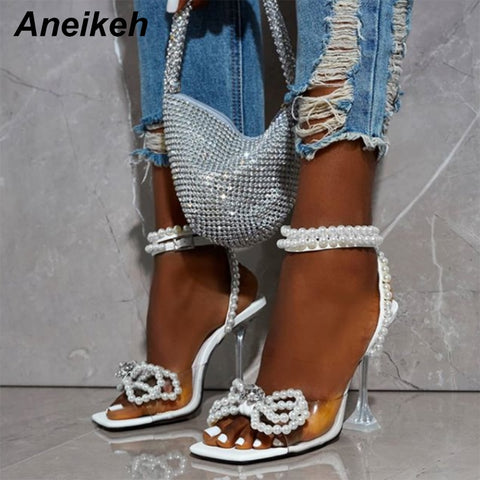 Aneikeh 2023 Summer White String Bead High Heels Wedding Shoes Butterfly-Knot Narrow Band Thin Heels  Square Toe Party Sandals