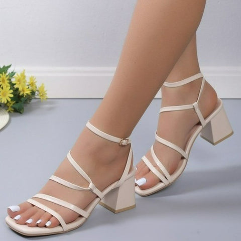 2023 New Shoes for Women Summer Women's Sandals Solid Color Square Toe Chunky Heels Open Toe One Word Buckle Beach Sandals Women