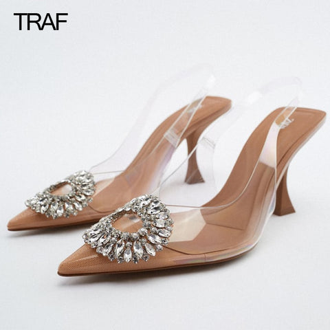 TRAF 2023 Woman Transparent Heels Women Pumps Rhinestone High Heels Spring Summer Butterfly Heels Sandals Slingback Heeled Shoe