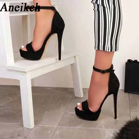 Aneikeh Sexy Gladiator Platform Buckle Strap Women Sandals 2023 Thin High Heels Club Party Shoes Summer Sandalias De Mujer Black