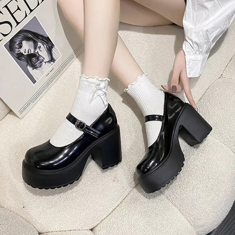 Black Super High Heels Mary Jane Shoes Women 2023 Goth Chunky Platform Pumps Woman Plus Size Ankle Buckle Party Lolita Shoes 42