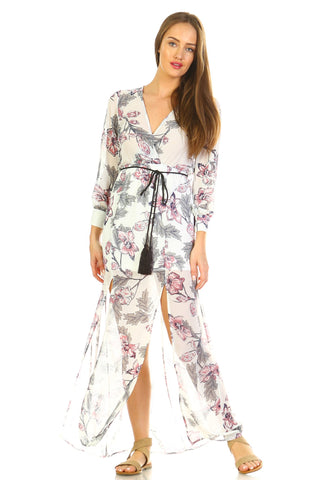 Women's Long Sleeve V-Neck Floral Belted Maxi with Side Slit