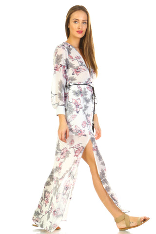 Women's Long Sleeve V-Neck Floral Belted Maxi with Side Slit