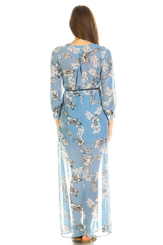 Women's Long Sleeve V-Neck Floral Belted Maxi with Side Slit