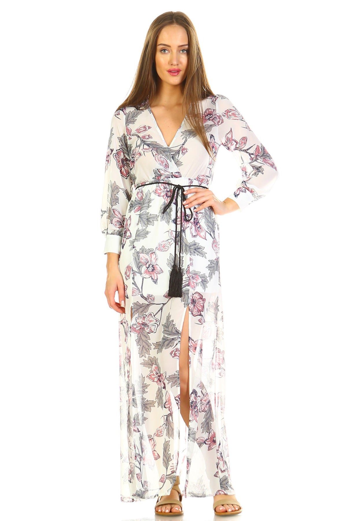 Women's Long Sleeve V-Neck Floral Belted Maxi with Side Slit