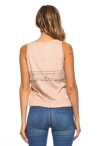 Women's Suede Fringe Laser Cut Tank Top