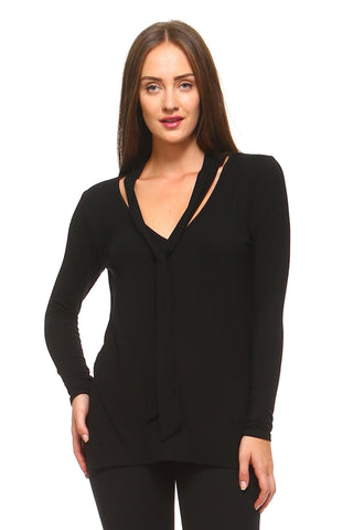 Women's Long Sleeve V-Neck Tie Top