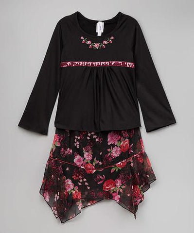 Girls Black &amp; Pink Rose Tee &amp; Handkerchief Skirt