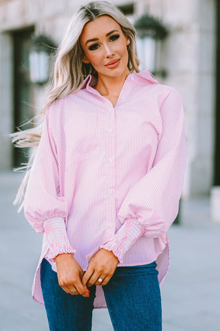 Striped Lantern Sleeve Collared Shirt