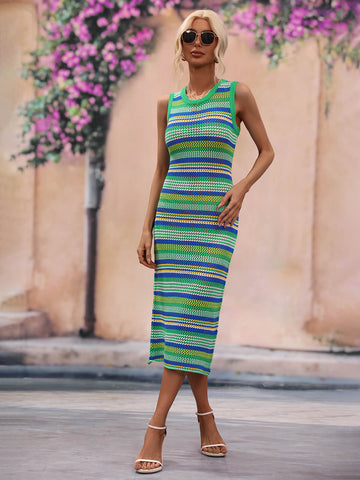 Striped Round Neck Sleeveless Midi Cover Up Dress