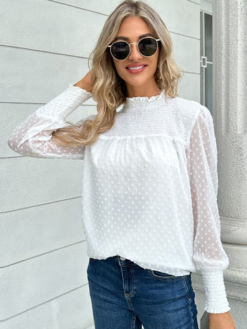 Swiss Dot Smocked Mock Neck Blouse