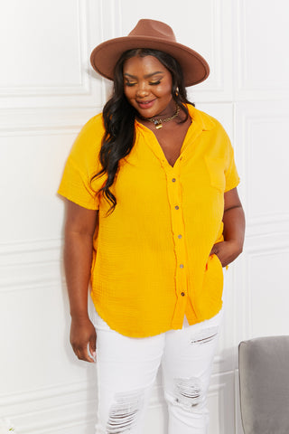 Zenana Full Size Summer Breeze Gauze Short Sleeve Shirt in Mustard