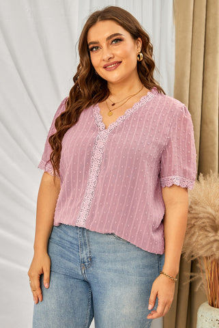 Plus Size Swiss Dot Spliced Lace V-Neck Blouse