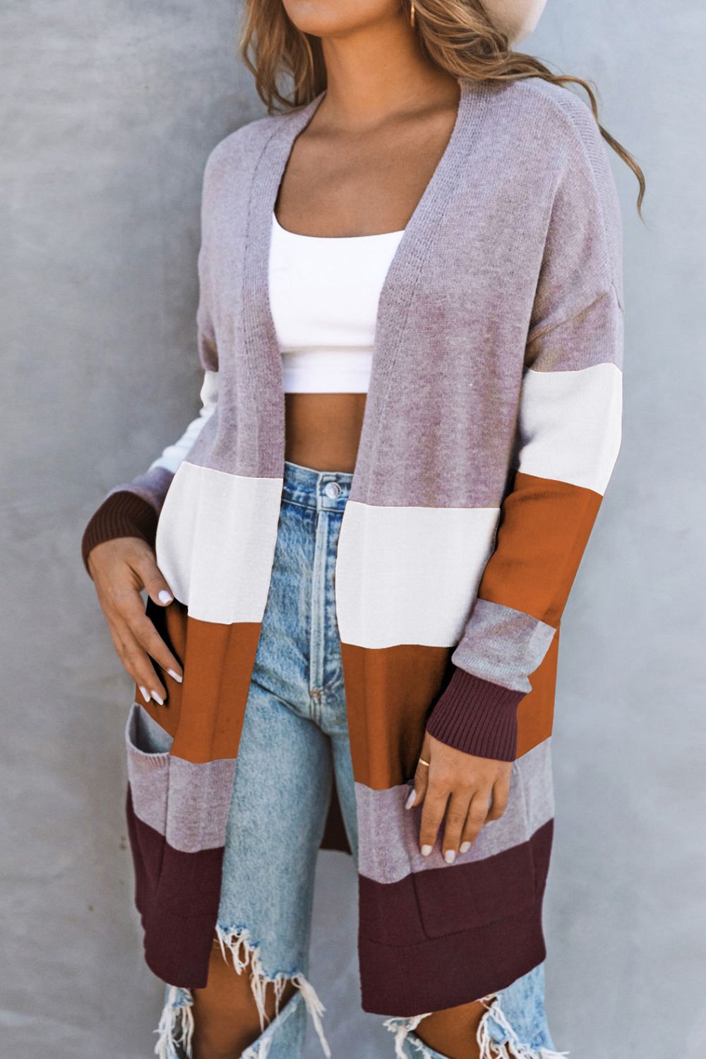 Color Block Open Front Ribbed Cuff Cardigan with Pockets