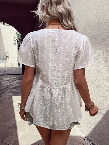 Tied Decorative Buttons Short Puff Sleeve Blouse