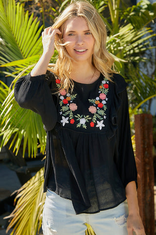 Embroidered Round Neck Ruffled Blouse