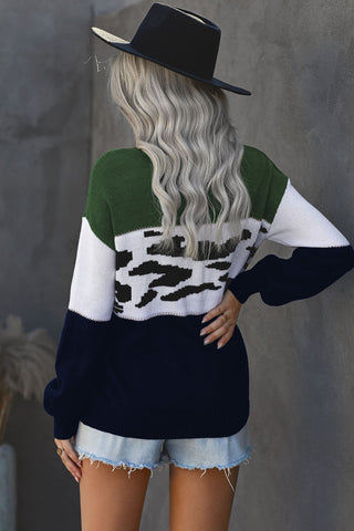 Leopard Color Block Ribbed Trim Dropped Shoulder Sweater