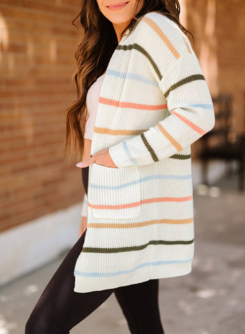 Striped Rib-Knit Open Front Pocketed Cardigan